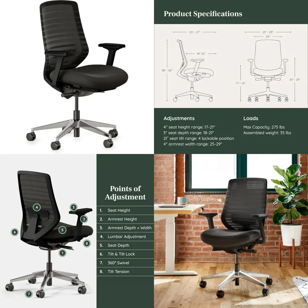 

Универсальный офисный стул с регулируемой поясничной опорой, сетчатой спинкой и плавными вращающимися колесами.