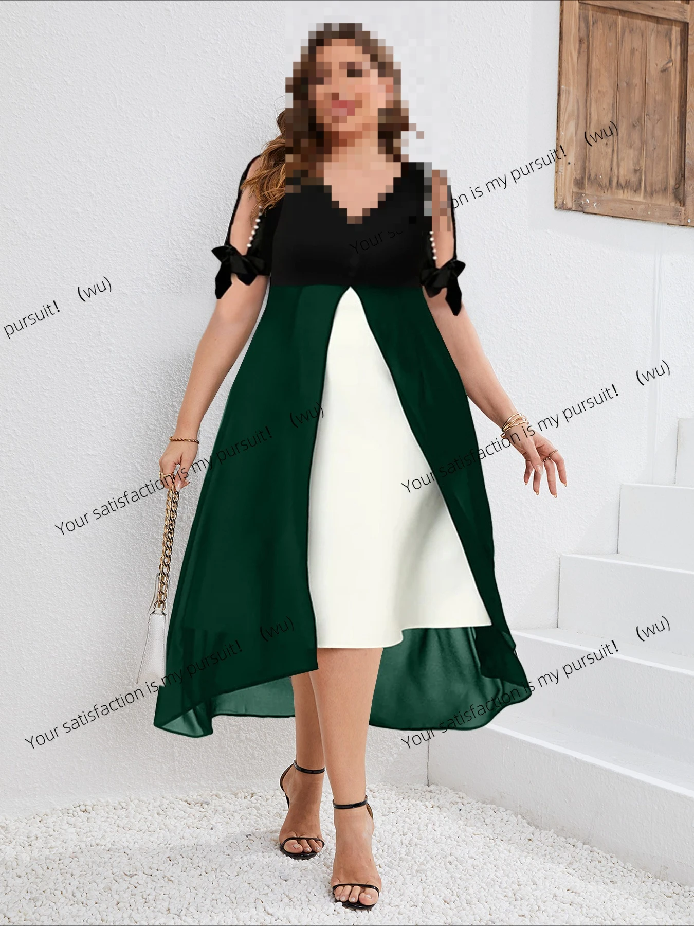 Large size women's V-neck splicing fake two-piece irregular medium-sleeved dress
