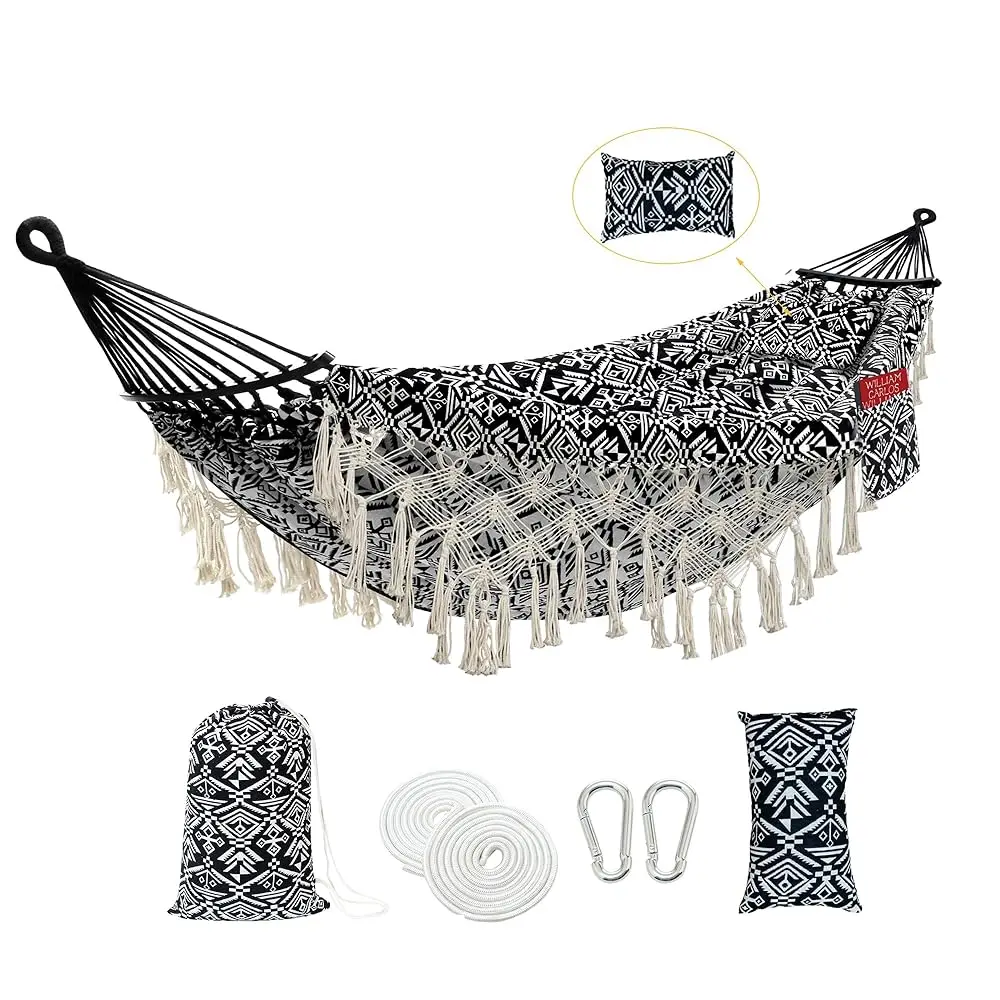 

2 Person Hammo With Pillow,Indoor Hammocks With Portable Carry Bag Deluxe Rame Fringe,Curved Spreader Bar,Side