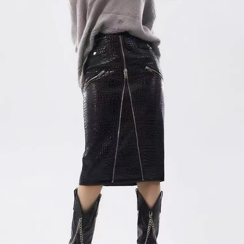 

2023 Spring And Autumn New Arrival Motorcycle Women High Waist Mid-length Pressure Pattern Genuine Sheepskin Leather Skirt