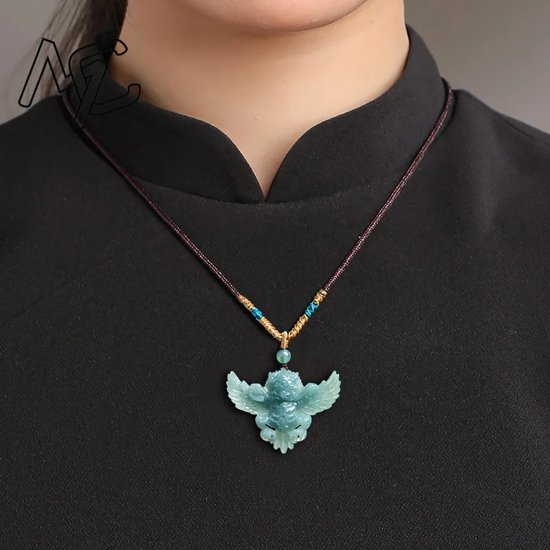 Real Natural Emerald Jade Blue Water Garuda Roc Pendant Necklace Carved Charm Jadeite Jewelry Fashion Amulet Gifts Certificate view 4