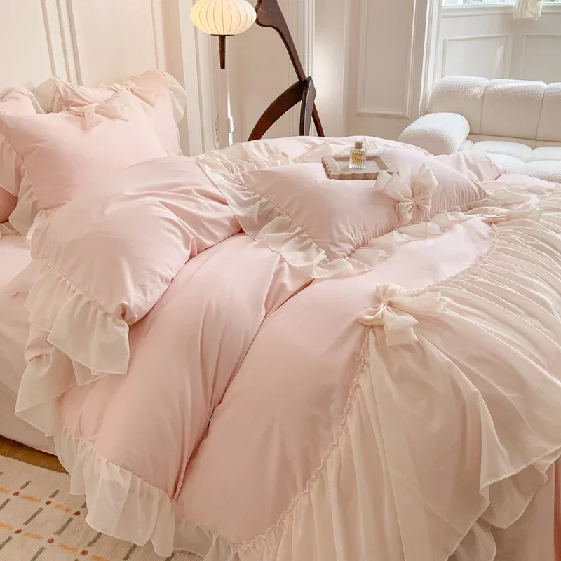 

Chiffon Lace Bedding Set Pink France Romantic Princess Wedding Ruffles Bow Soft Duvet Cover Bed Sheet Pillowcases Home Textile