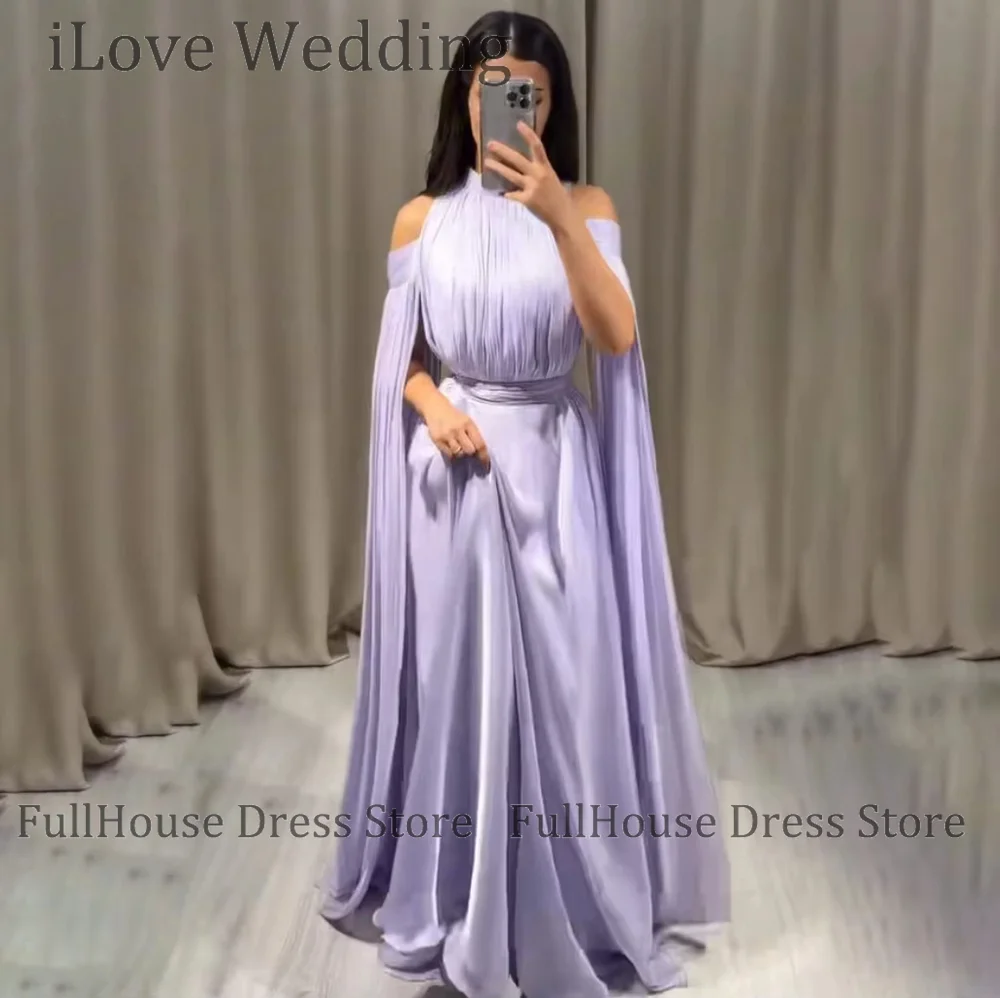 

Bespoke Occasion Lilac Scoop Neck Chiffon Draped Floor Length A-line Evening Dress Backless Prom Bridal Dress with Cape
