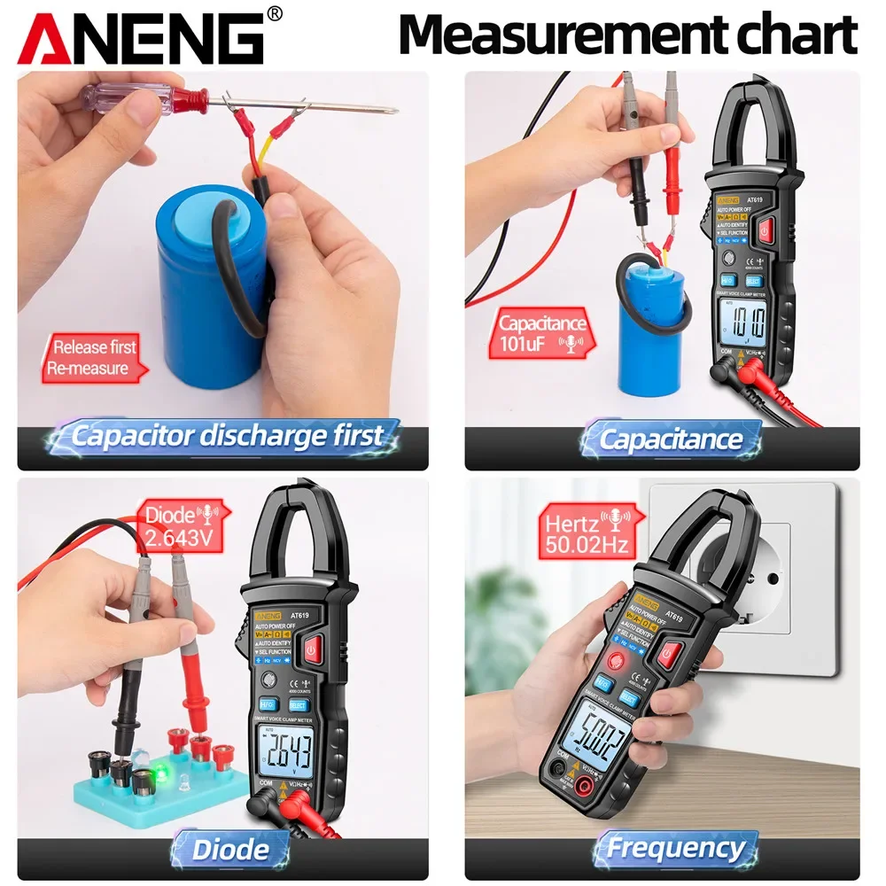 Imagem -04 - Clamp Meter ac Current Voice Broadcast Multímetro Amperímetro Voltagem Tester Carro Amp hz Capacitância Ncv Ohm Tester Ferramentas Aneng-at619