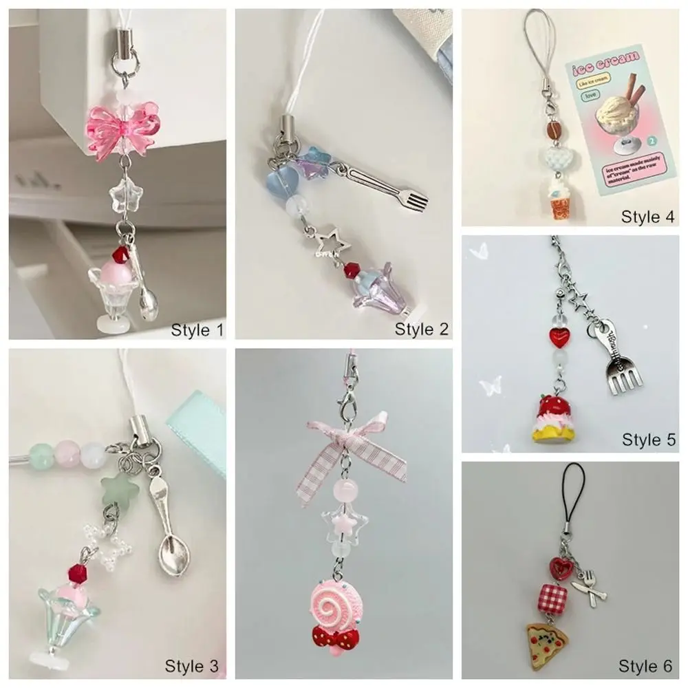 ガーリッシュアイスクリーム携帯電話ストラップ電話チャームフォークスプーン食品電話チェーンペンダントビーズ電話ストラップ女性ガール