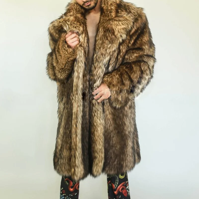 Men Autumn Winter Thick Maxi Faux Fox Fur Coat Jacket Long Sleeve Warm Luxury Fur Black Parkas Bontjas Furry Shaggy Outerwear