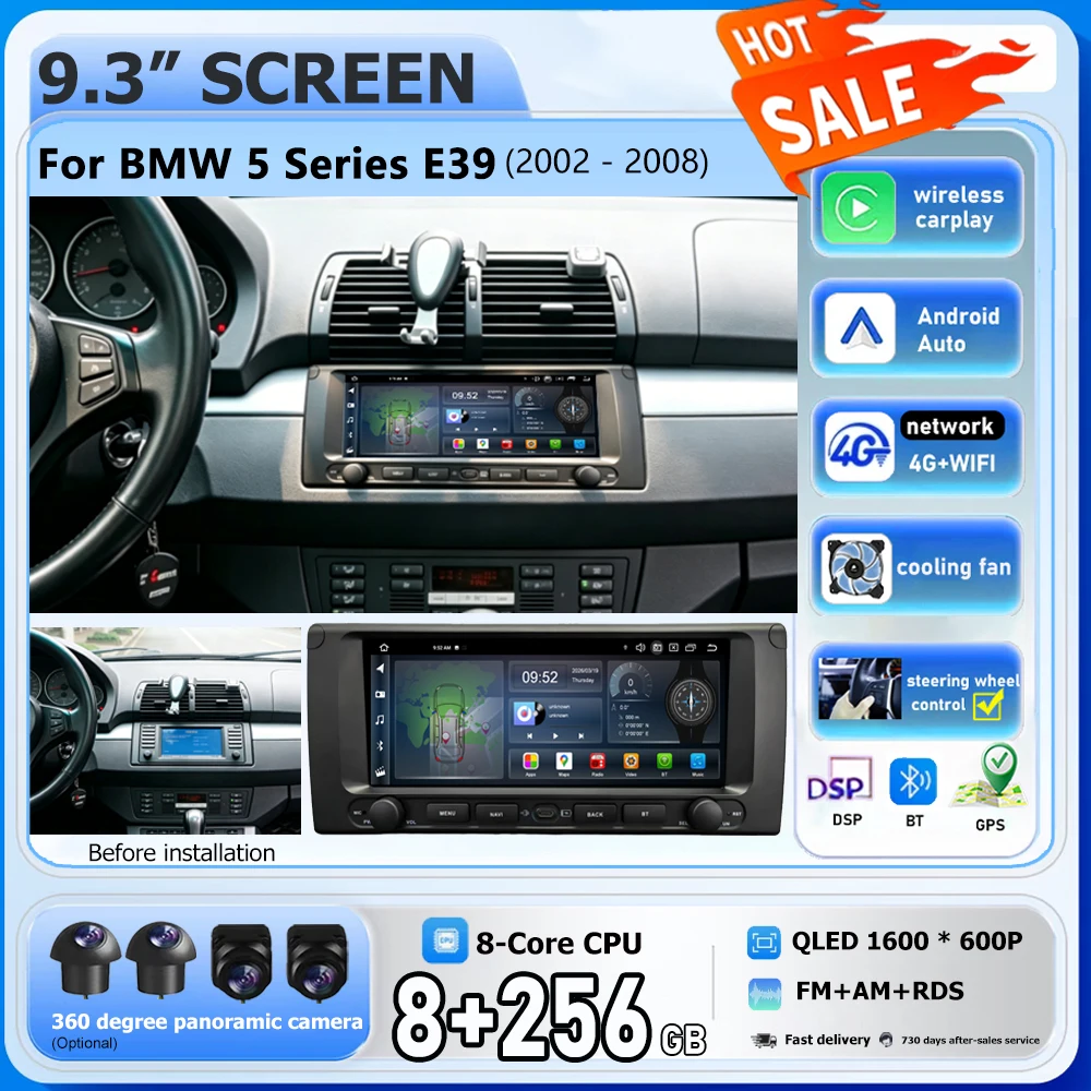 Android 16 Bluetooth 9.3'' Wireless Carplay For BMW 5 Series E39 2002-2008 Car Radio Multimedia Player GPS WiFi+4G Touch Screen