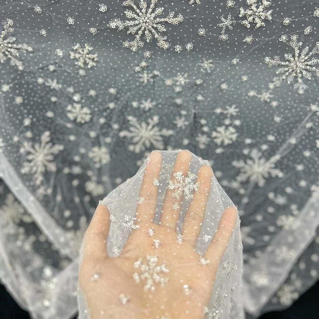 

Новая шифоновая посыпчатая ткань со снежинками из бисера, кружевная сетка, ткань с блестками, кружево розового/белого/синего цвета