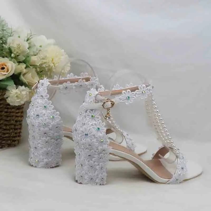 2023 new arrival BaoYaFang fashion white pearl sweet white lace flower sandals buckle bridesmaid dress shoes ankle strap shoe