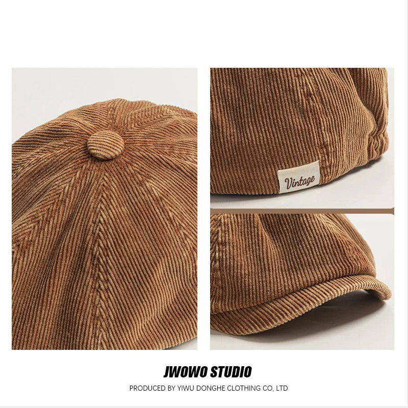 Japońska Retro Sztruksowa Czapka z Daszkiem Męska Wiosenno-Jesienna Literacka Uniwersalna Czapka Malarska Brytyjska Czapka Chłopięca Beret Anty-gazetowa