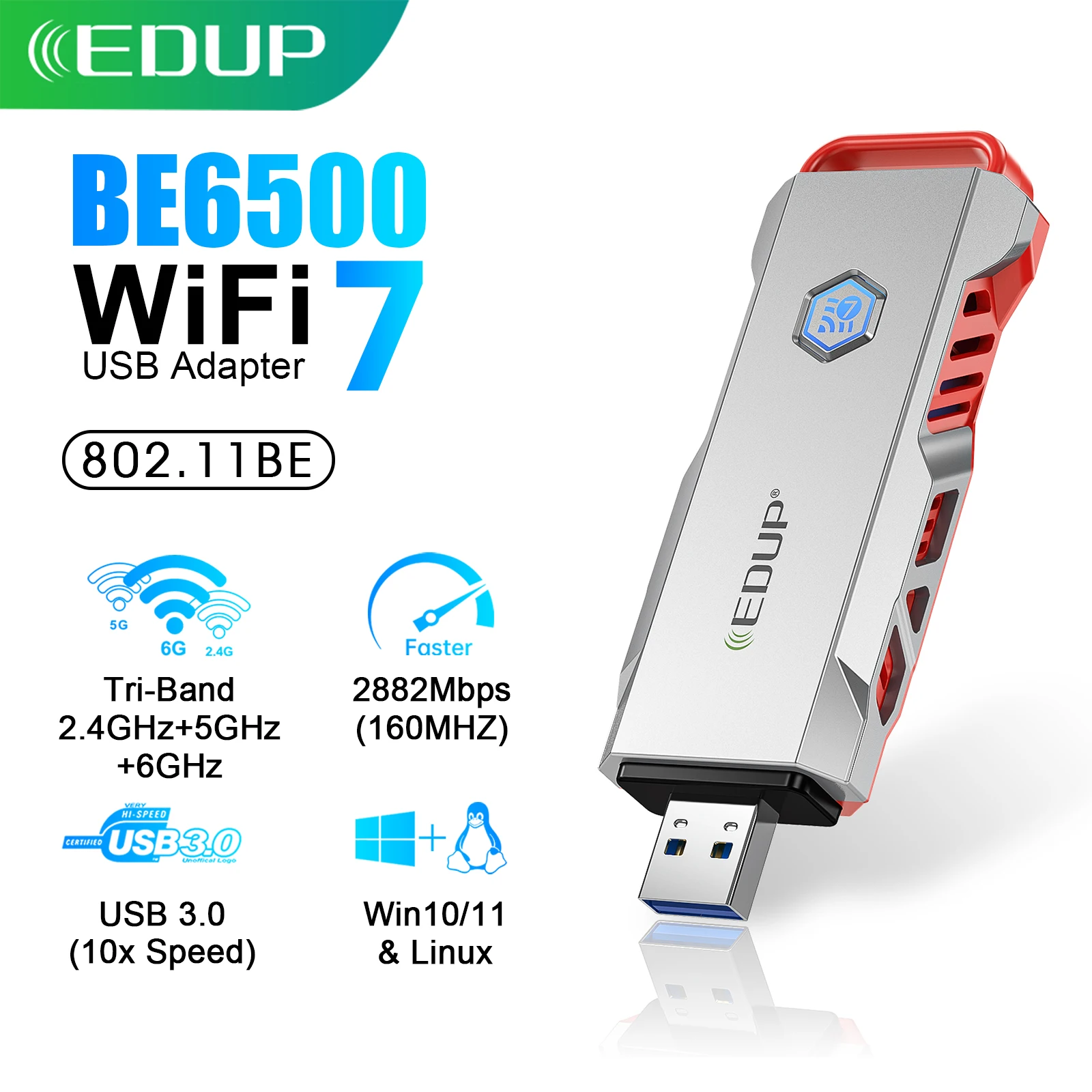 

Wi-Fi адаптер EDUP BE1679 USB 7 (USB-адаптер Wi-Fi 7) BE6500, трехдиапазонный (2.4G/5G/6ГГц), 6500 Мбит/с, беспроводная сетевая карта MLO 4K-QAM 160 МГц для Windows 11, Linux