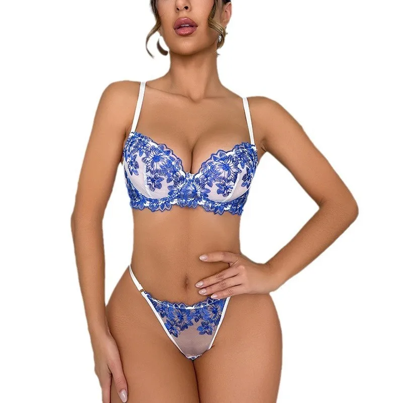 

Women's Underwear Sets Lingerie Ultra Sexy Blue Lace Embroidery Exotic Bra & Panty Sheer Tulle 2-Piece Intimate Fantasy Kit