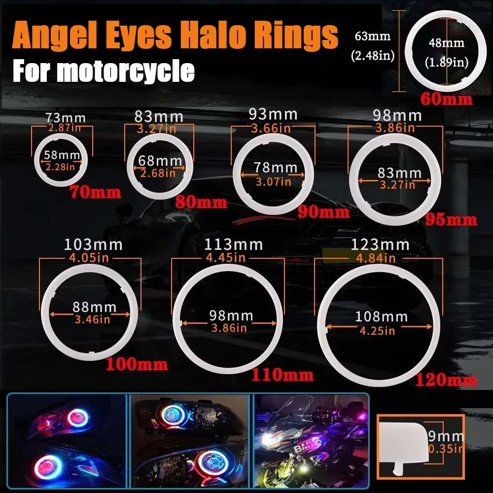 1PCS 12V LED Angel Eyes Halo Rings DRL Cotton Driving Lights RGB Colorful APP Control Motorcycle Light Deco Headlight 60MM 120MM