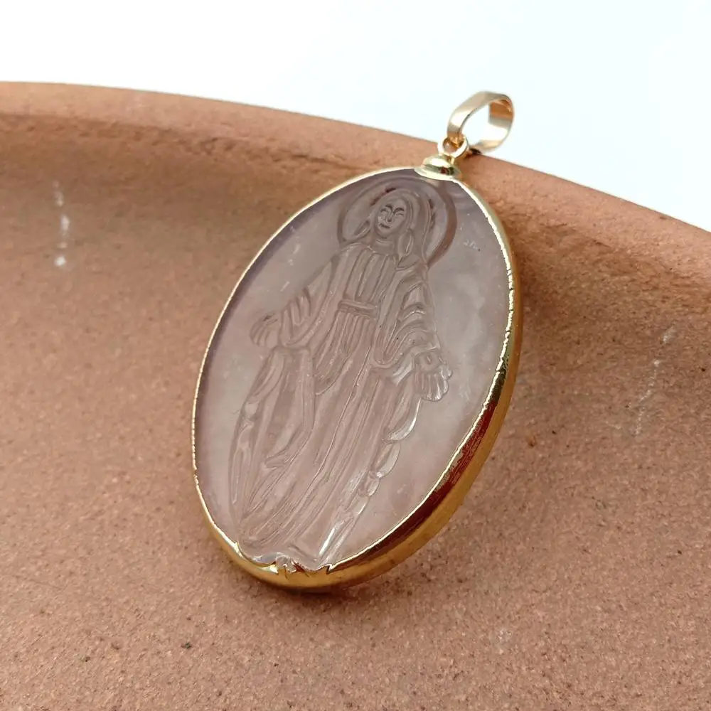 5 Pcs Crystal Quartz Pendant Religious Charm Oval Shape Metal Plated Female Jewelry