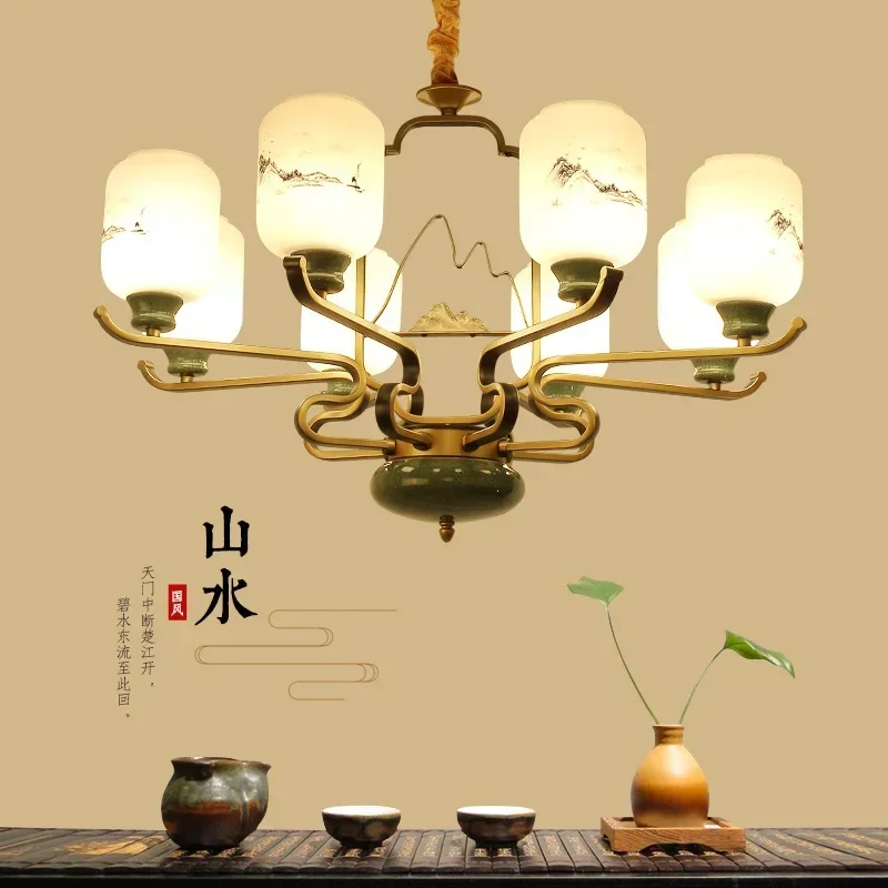 Led restaurant chandelier new Chinese wrought iron glass bedroom chandelier living room wrought iron lamps