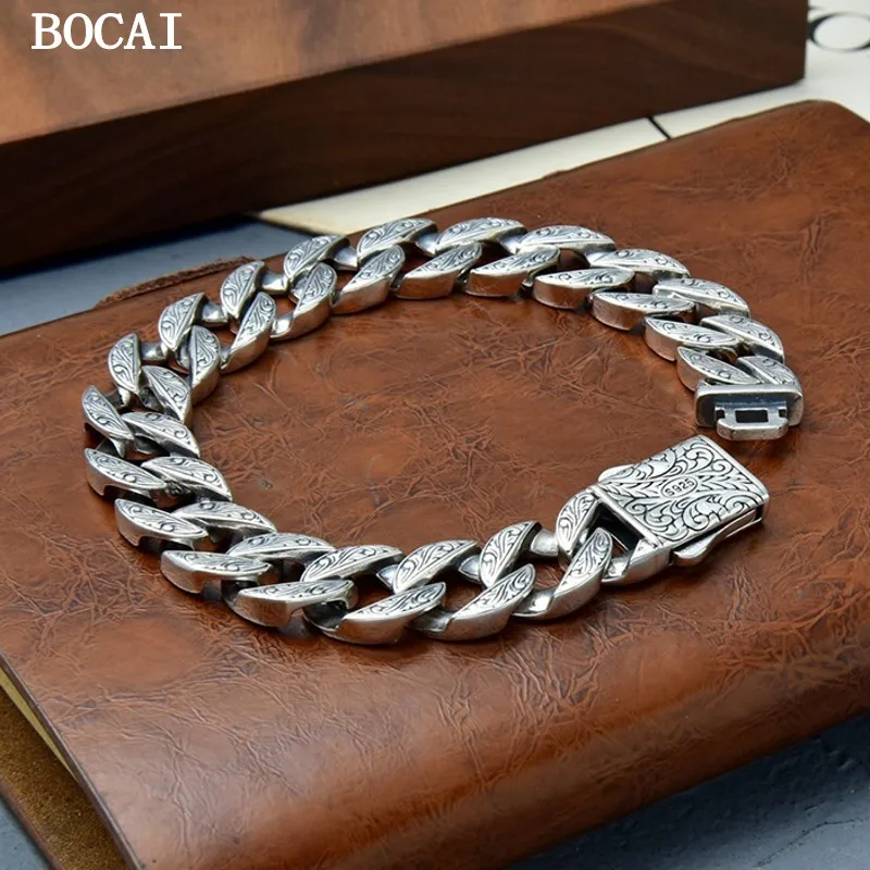 S925 Sterling Silver Bracelet Thick Cuban Chain Men's Pattern Vine Trendy Retro Accessory