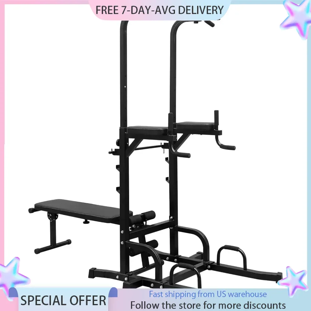 Multifunction Power Tower with Bench Pull Up Bar Dip Station Adjustable Height Dip Stand Heavy Duty Workout Strength Training