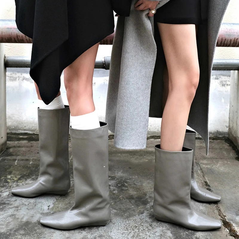 

Original Designer Brand Cowhide Autumn and Winter New Square-toed Low-heeled Sleeve Mid-calf Boots for Women
