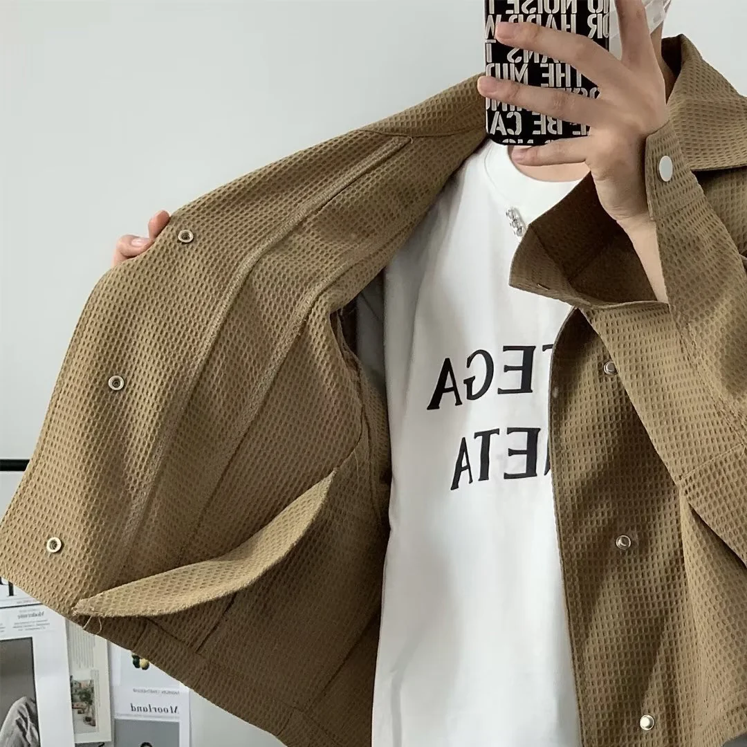 Trendy Fashionable Casual Short Jacket for Men Vintage Lapel Outwear Korean Crop Coats All-match Male Long Sleeve Streetwear