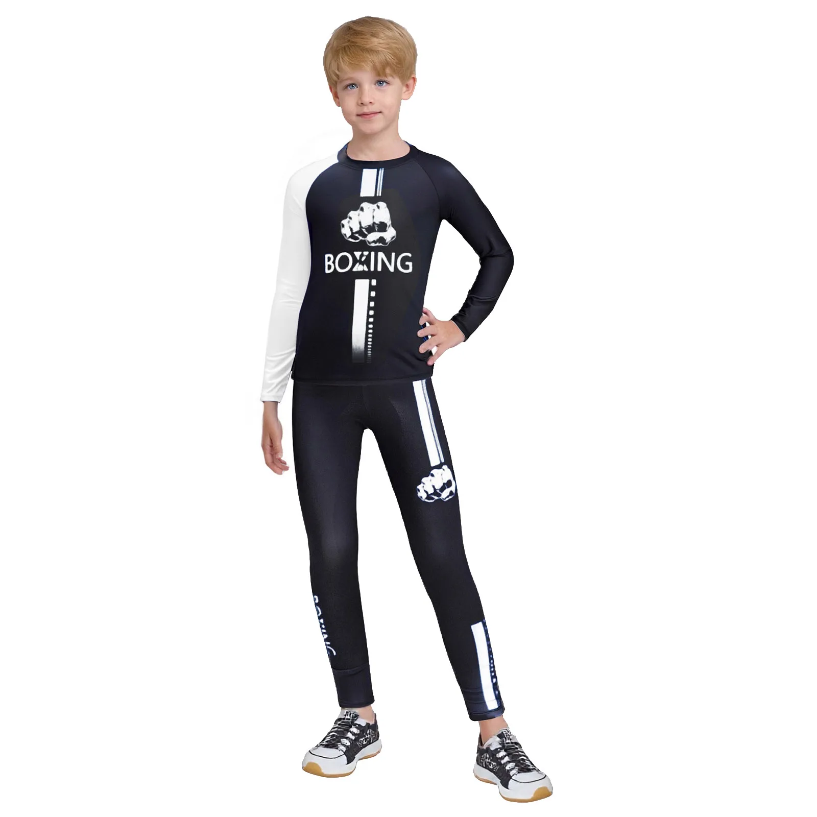 

Kids Boys Letter Printed Boxer Sport Workout Costume Long Sleeve T-shirt with Leggings for Boxing Training Competition Outfits