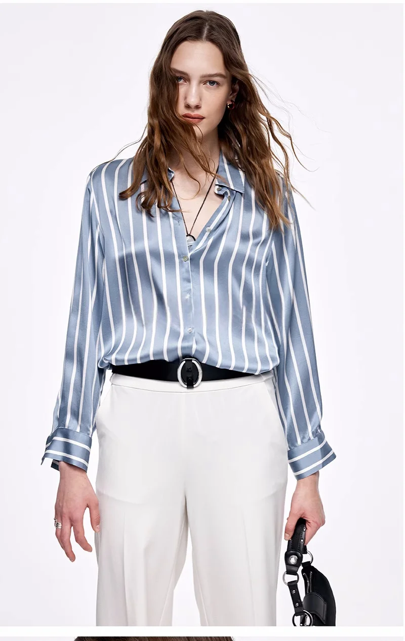 100% Mulberry Silk White Blue Striped Shirt for Women Button-up Loose Western Style Shirts Long Sleeve Blouse Ladies Top Spring