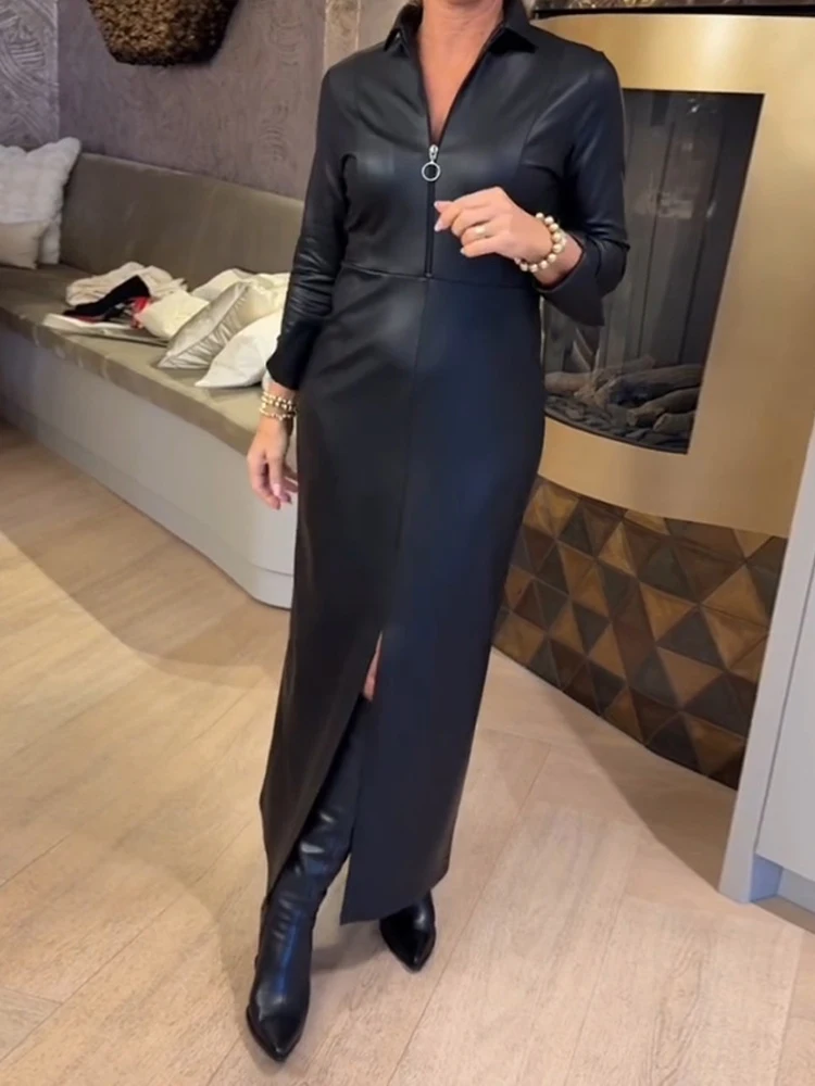 

Новое элегантное однотонное кожаное платье 2026 года, модное свободное макси-платье в уличном стиле, женское платье с отложным воротником и длинными рукавами, весеннее платье