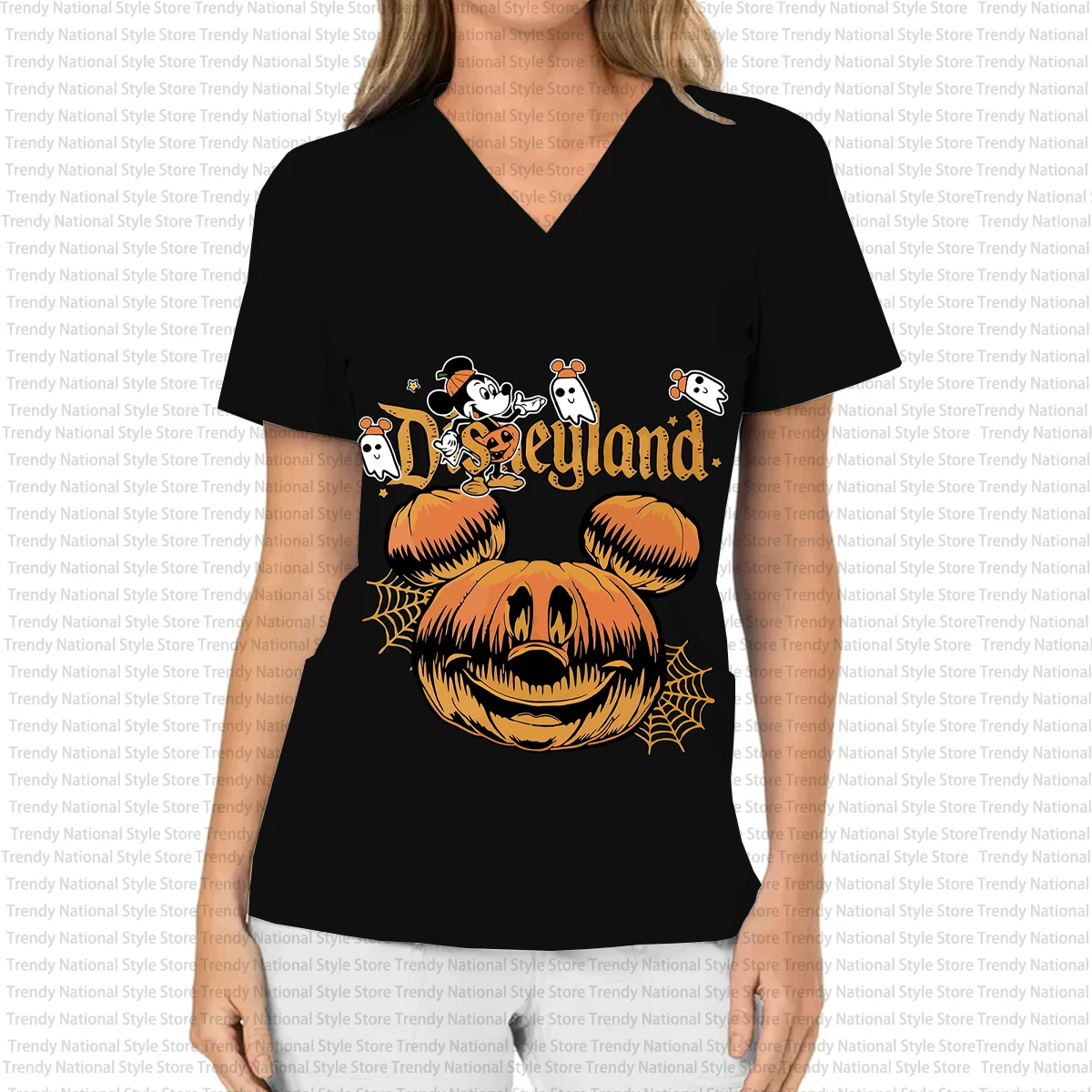 ديزني ميكي وميني هالوين المرأة العمل موحدة طباعة الخامس الرقبة جيب فرك العلوي الأسنان الحيوانات الأليفة متجر صالون تجميل تي شيرت