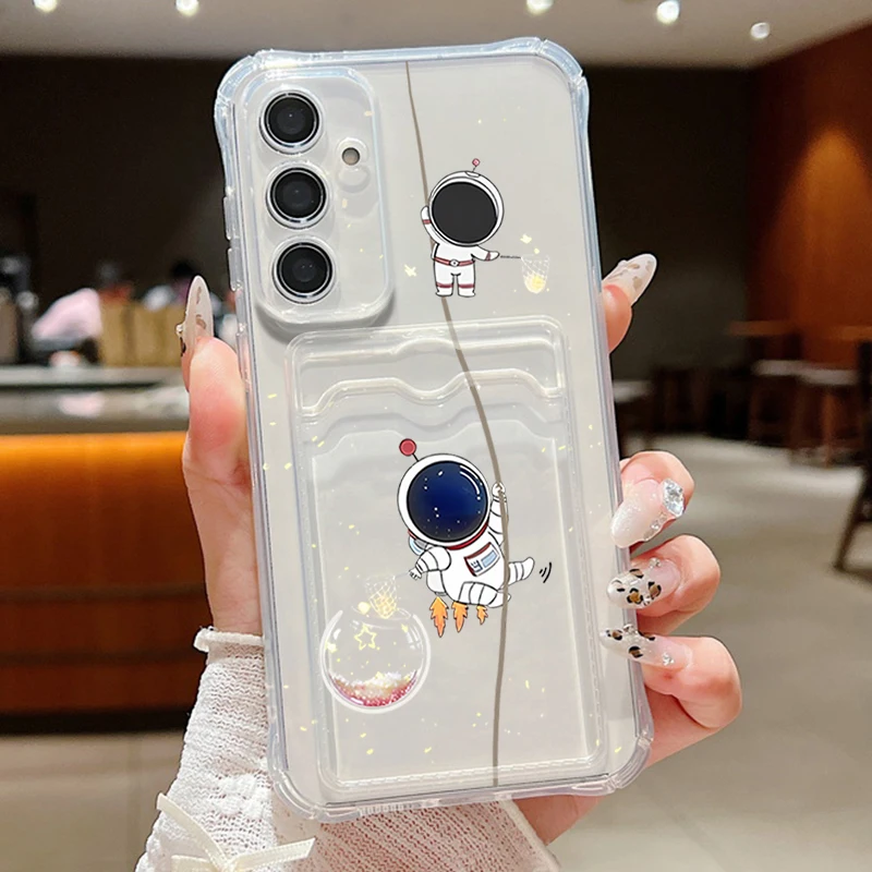 Cartoon Astronaut Fall Für Samsung Galaxy S25 Rand S24 S22 Ultra S23 FE A56 A55 A36 A26 A15 a16 Karte Tasche Brieftasche Weiche Telefon Abdeckung