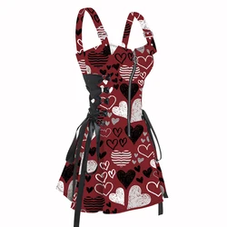 Dressfo 2025 Women's Valentine's Day Dresses Gift Striped Heart Print Lace Up Mini Dress Half Zipper Buckle Strap A Line Dress