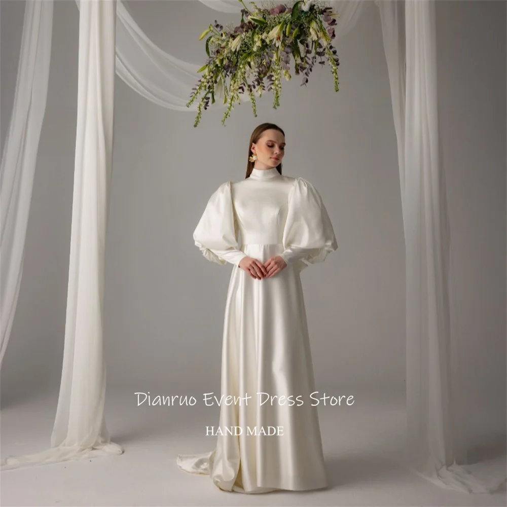 فستان زفاف Dianruo برقبة عالية على شكل حرف A وأكمام بالونية أنيق من فيستدوس بارا موخير ماكسي طول 2025 فستان سهرة مخصص