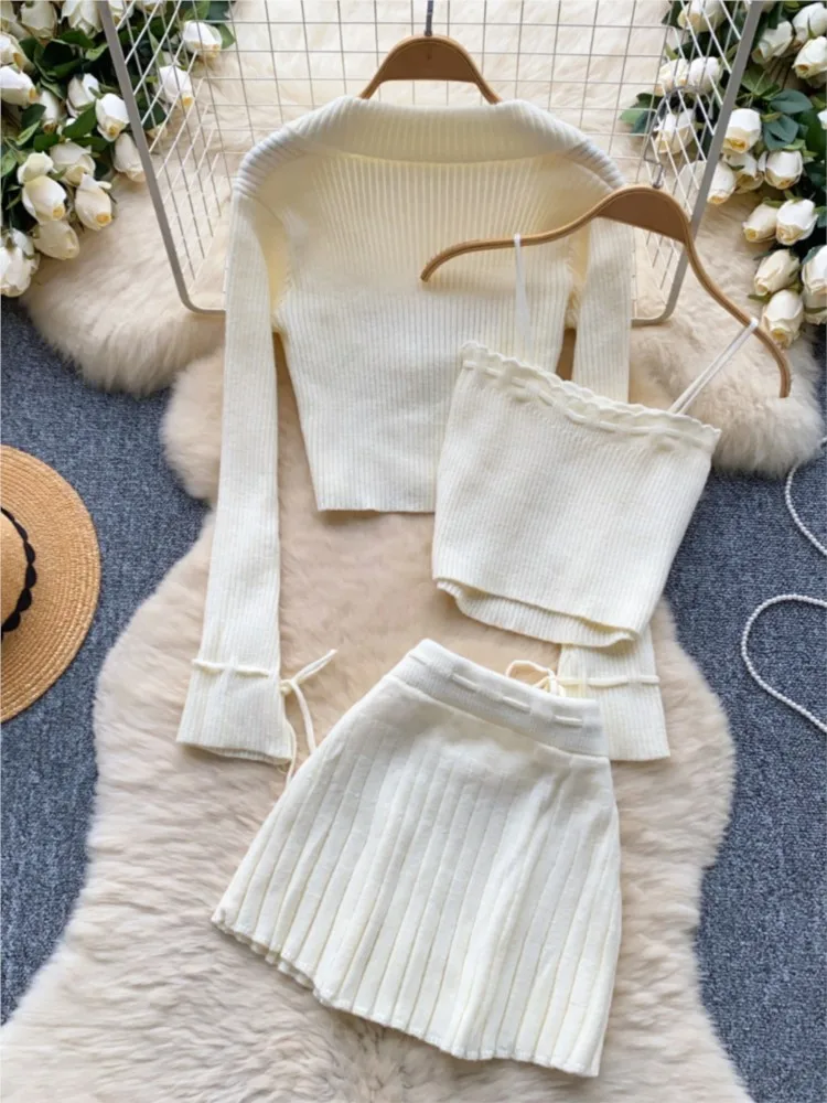 Y2k Sweet Outfits Woman Solid Knitted Cropped Patchwork Vest + Slim Cardigan + Mini Pleated Skirt Autumn Korean Chic 3 Piece Set