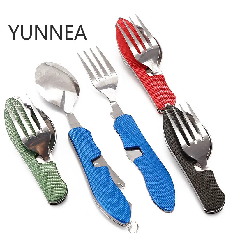 4 In 1 Outdoor Tableware Set Camping Cooking Supplies Stainless Steel Spoon Folding Pocket Kits Picnic Hiking Travel Tools