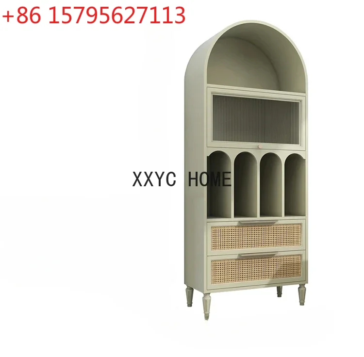 

American-Style Solid Wood Bookcase Light Luxury Floor Small Bookshelf French Retro Arched Nordic Sideboard Cabinet