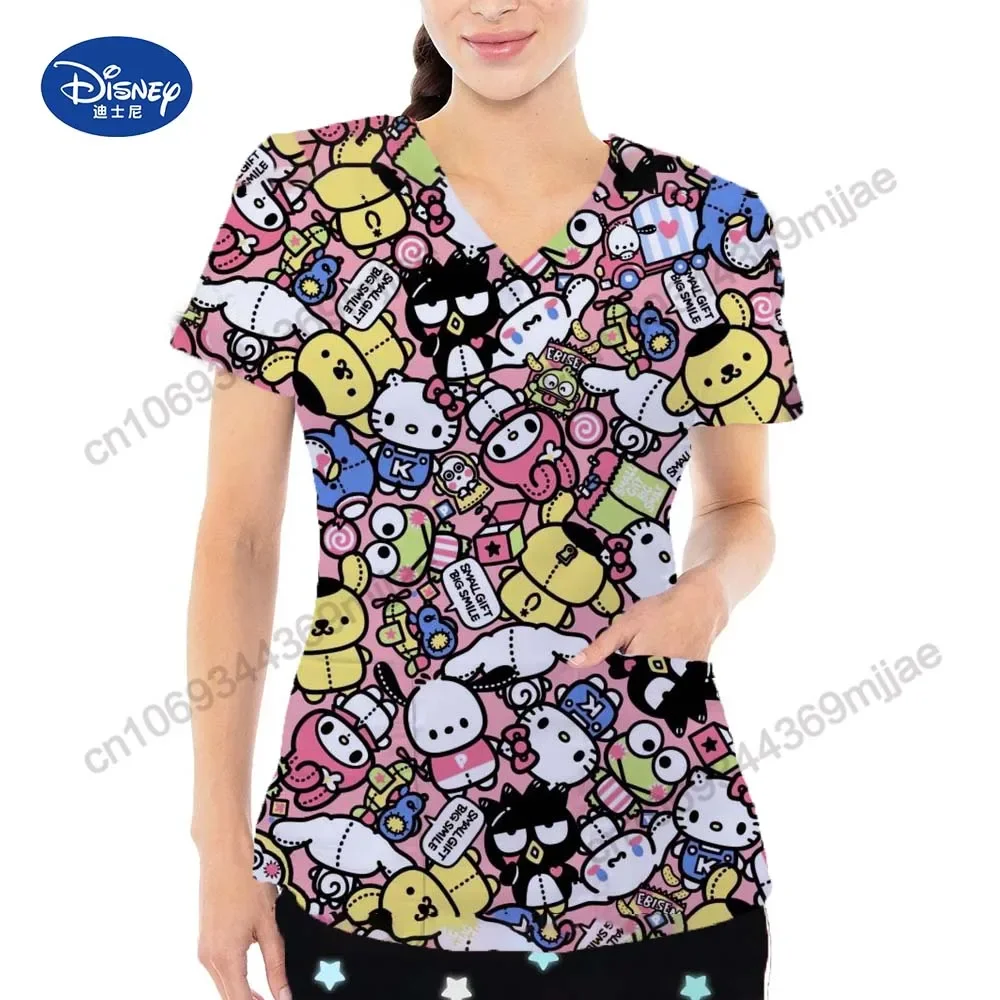 V-neck Cartoon Women's Pocket T-shirts Summer Short Sleeves Women's Clothing