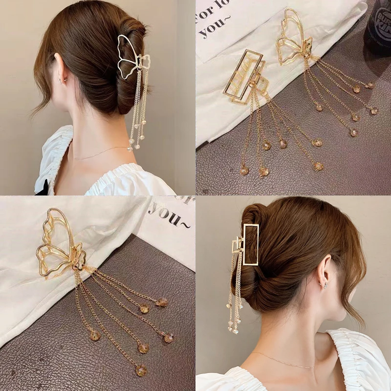 Fashion Metal Hair Claw For Women 2022 Girls Crystal Tassel Gripping Clip Rhinstone Pendant Hair Grip Geometric Hair Accessories