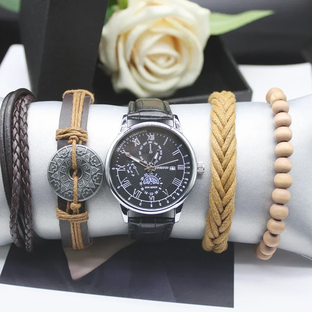 남성용 스테인레스 스틸 팔찌 가죽 벨트 하이 퀄리티 패션 방수 시계, 야외 여행용, 5 개 세트