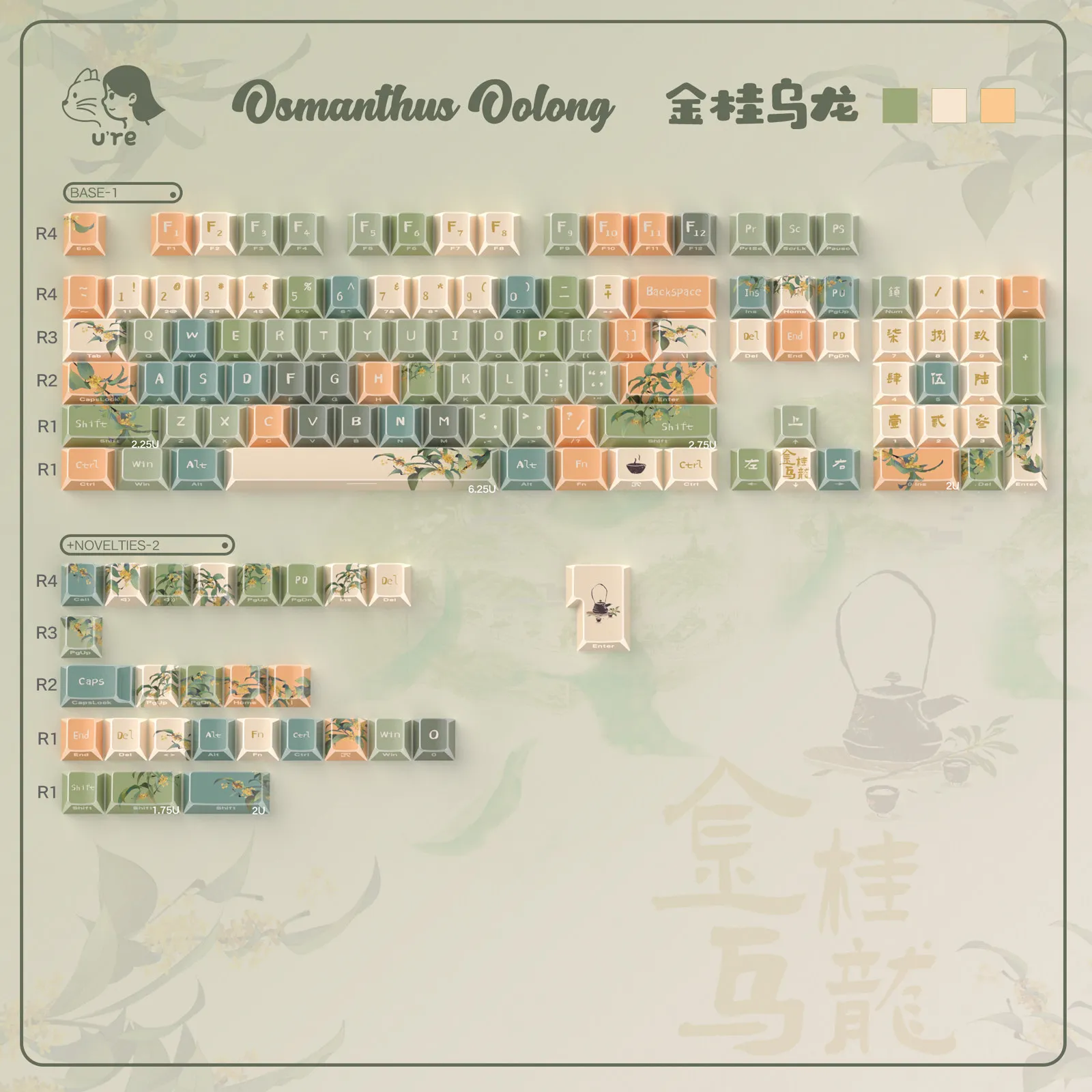 

Колпачки для клавиш URE Osmanthus Oolong с боковой гравировкой, с подсветкой, Cherry, Dye-Sub PBT, для механических клавиатур MX