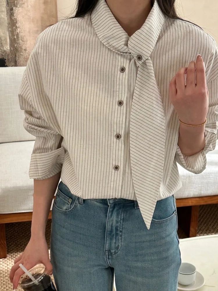 

Корейская свободная женская рубашка, весна 2026, новая модель, синяя в полоску, повседневная, универсальная, омолаживающая, с длинным рукавом, из хлопка