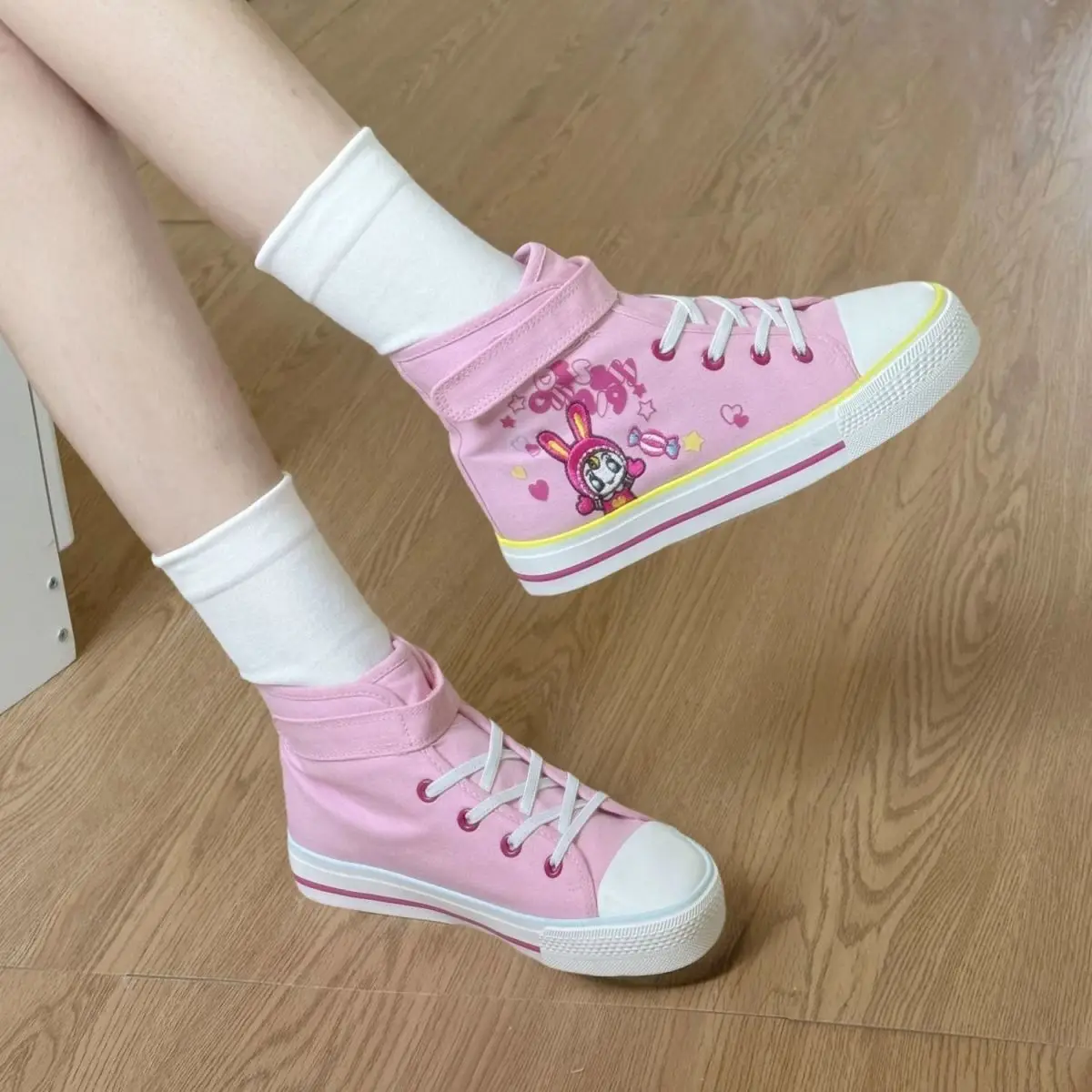 Spring Autumn New All Match Sweet Girl High-top Height Increase Plimsolls Japanese Cartoon Mp Embroidery Cute Pink Canvas Shoes view 6