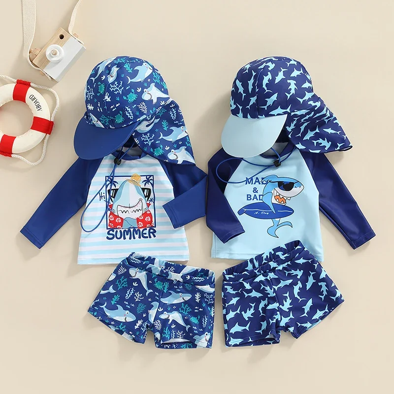 Toddler Baby Boys Swimsuit UPF 50+ Rash Guard Set Short Sleeve Blue Shark Dolphin Print Top+Shorts+Hat Swimwear Bathing Suit