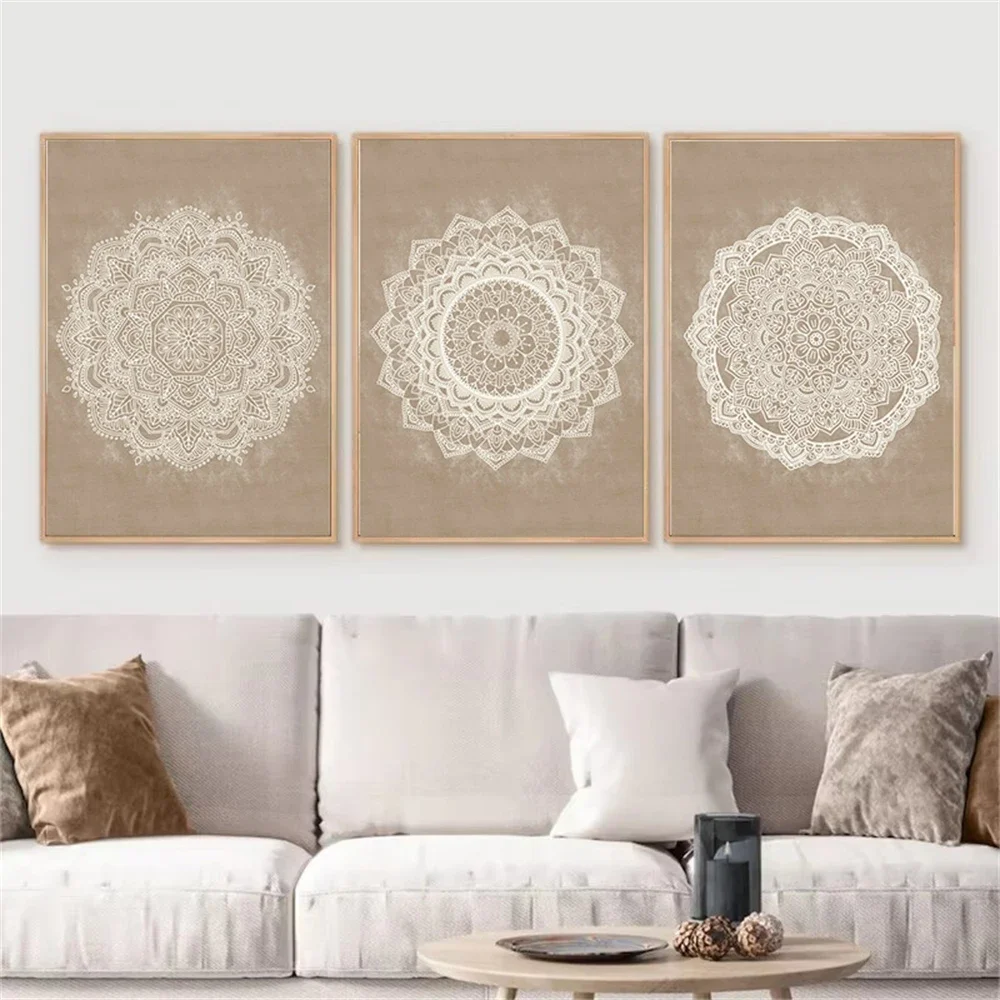 

Boho Mandala Wall Art Canvas Painting Posters Print Beige Brown HD Pictures Bathroom Geometry Rustic Bedroom Office Home Decor