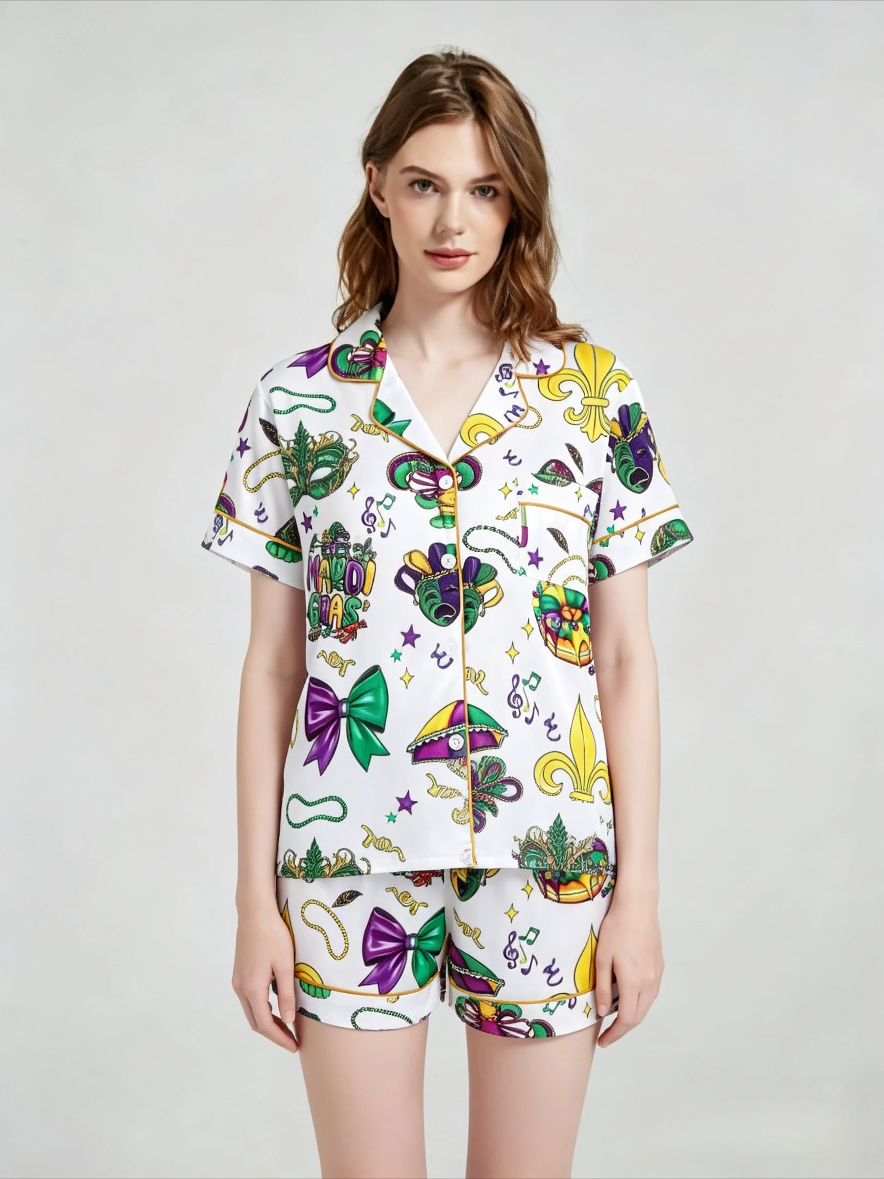 

Comfortable Short Sleeve Loungewear Set Casual Home Wear Printed Pajamas with Collar
