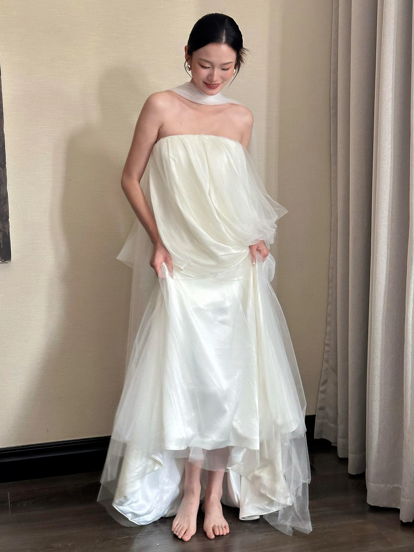 

Ele Satin Morning Robe for Bride Simple Outing Dr Ultra Fairy T Wedding Engagement Gown High Waist A-Line Skirt