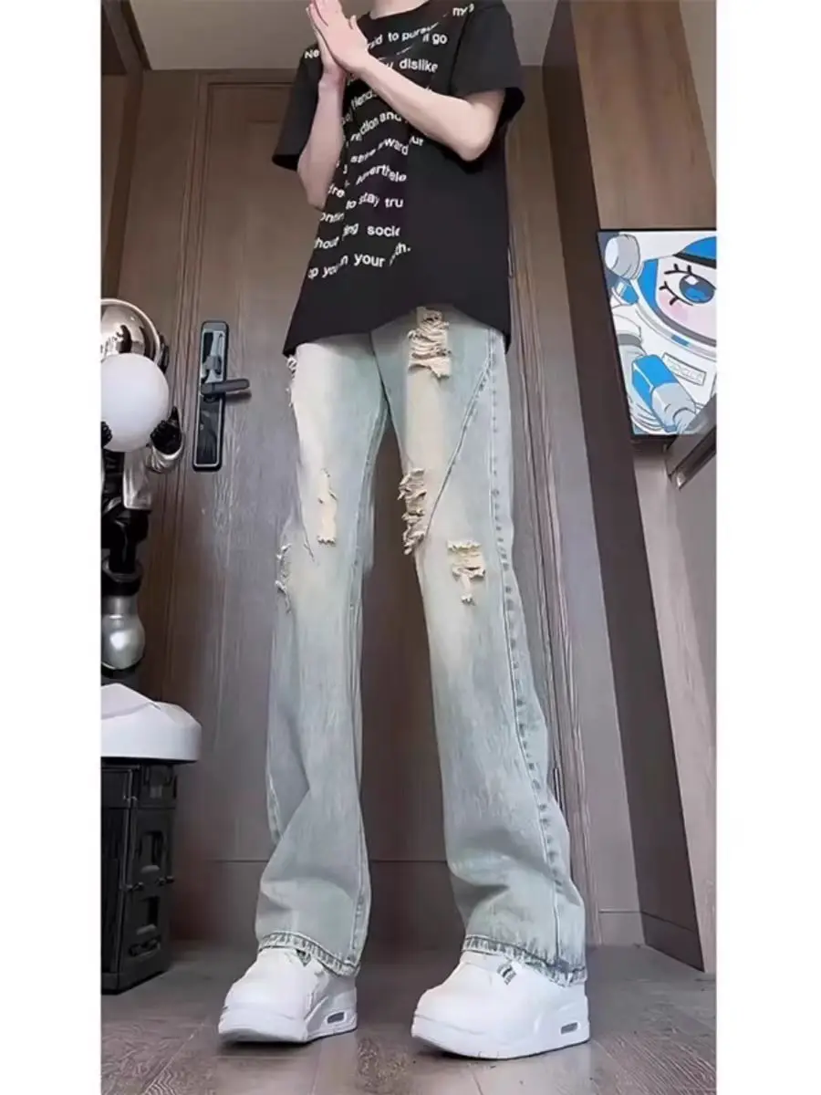 

Мужские джинсы в стиле ретро, весна-лето, с дырками, в уличном стиле, прямые, с легким расклешением, повседневные, длинные