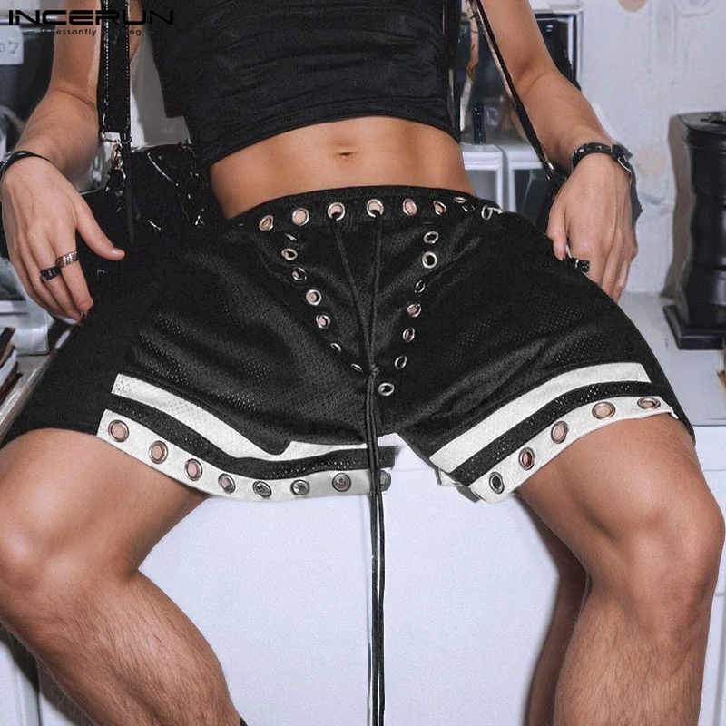 INCERUN เสื้อกันหนาวผู้ชายกางเกงขาสั้นตาข่าย Patchwork Lace Up ดูผ่านฤดูร้อนผู้ชายกางเกง Streetwear หลวม 2025 แฟชั่นสบายๆกางเกงขาสั้นชาย S-5XL