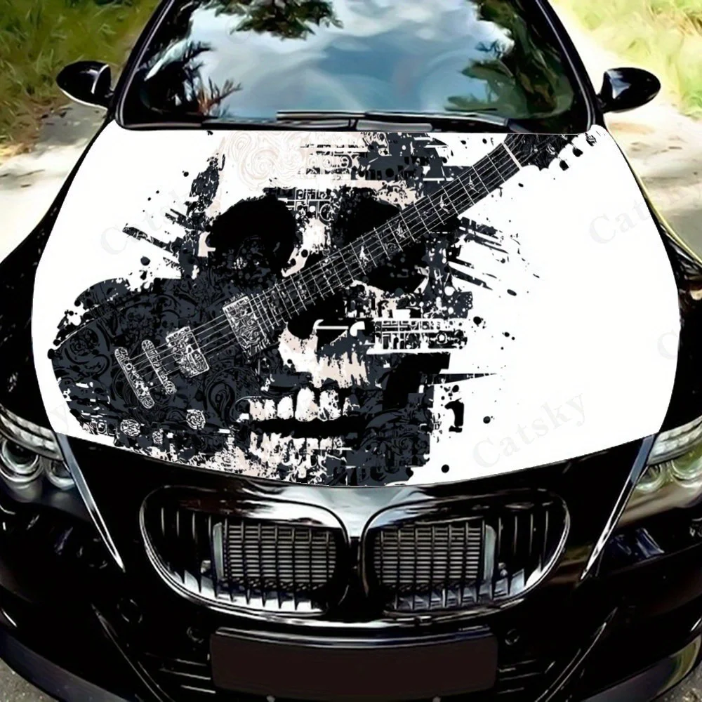 

Skull & Guitar Strings Car Vinyl Wrap, PVC Waterproof Car Hood Sticker, Self-Adhesive Scratch-Resistant Stickers for Engine Cove