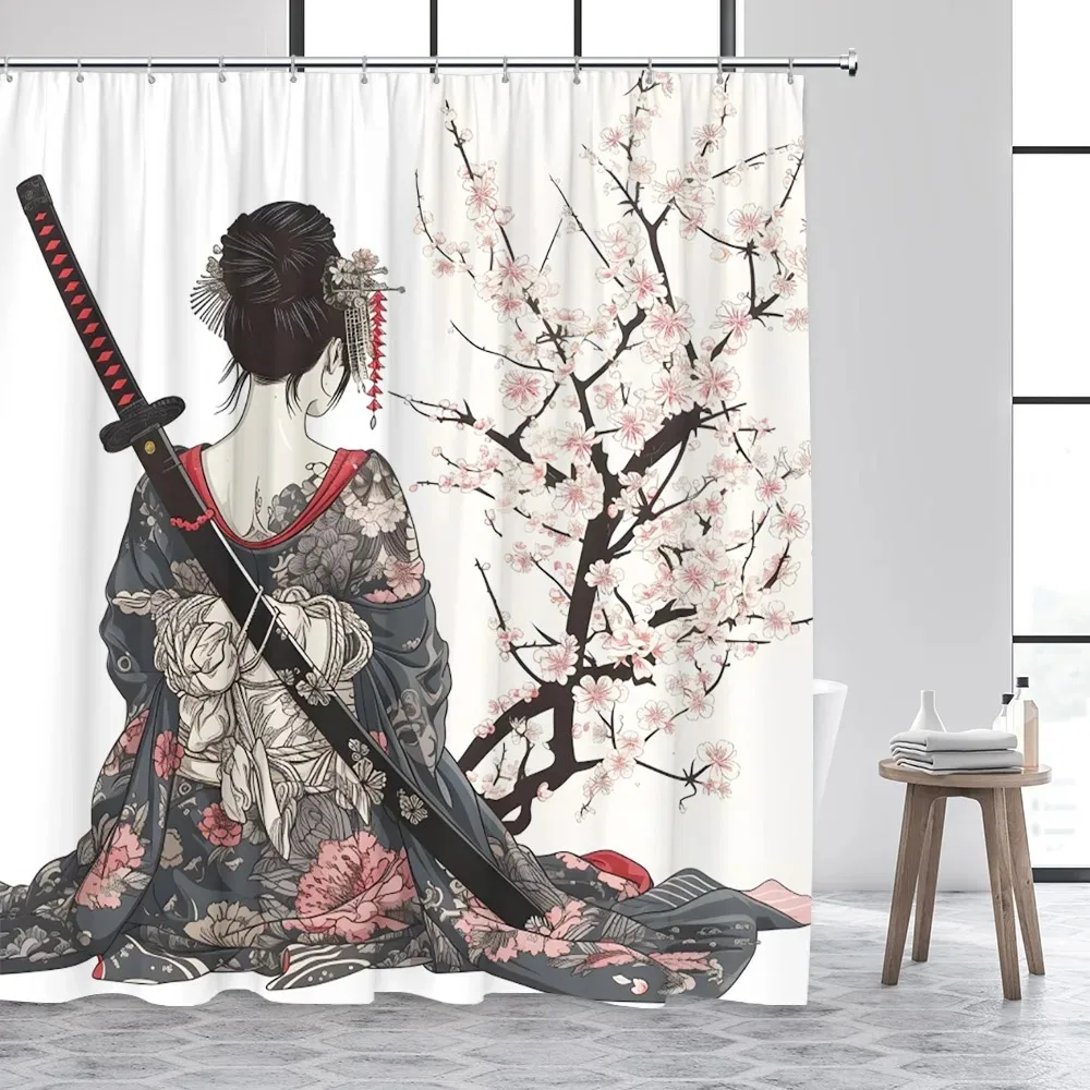 Japanese Style Ink Landscape Shower Curtain Sea Waves Crane Koi Fish Mountain Waterfall Plant Floral Bathroom Curtains Decor Set