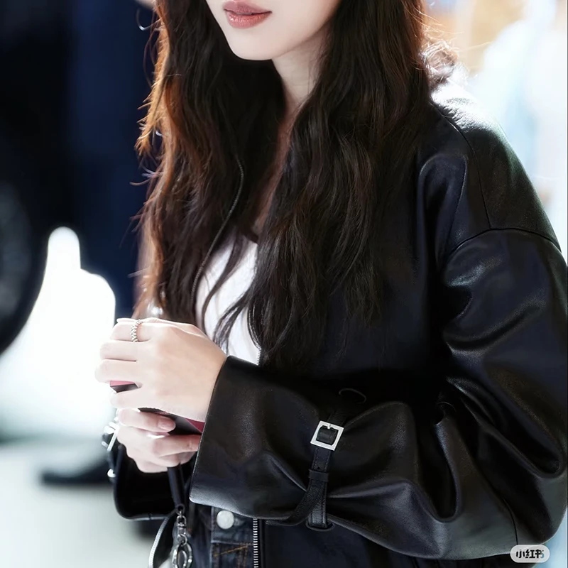 高品質レディース服オイルワックスシープスキンコートジッパー袖タブゆったりカジュアルスタイル新作アウターウェア本革ジャケット