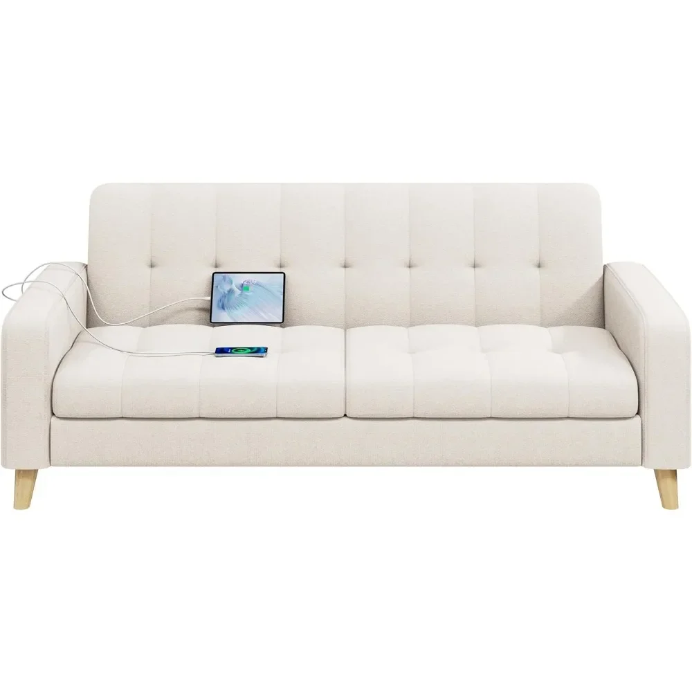 2-Seater Fabric Sofa Loveseat with USB Ports Mid-Century Modern 65? W Couch Sofa with Solid Wood Legs for Living Room