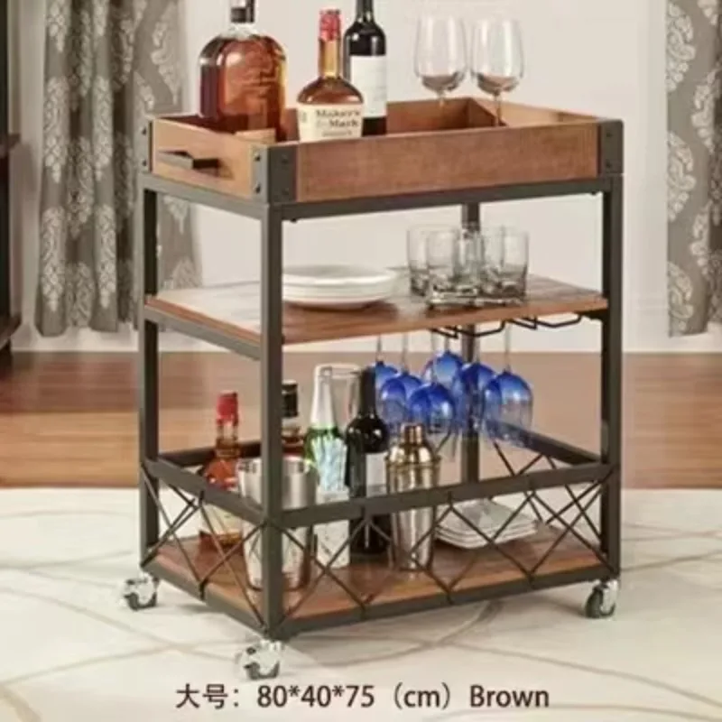 European Style Solid Wood Iron Wine Cart Kitchen Storage Cart Mobile Home Multifunctional Dining Car